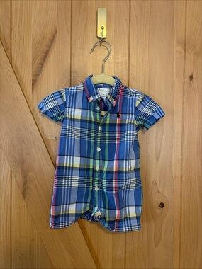Ralph Lauren Baby Infant Boys Pastel Plaid Cotton Romper 3 Mo Short Sleeve Prep